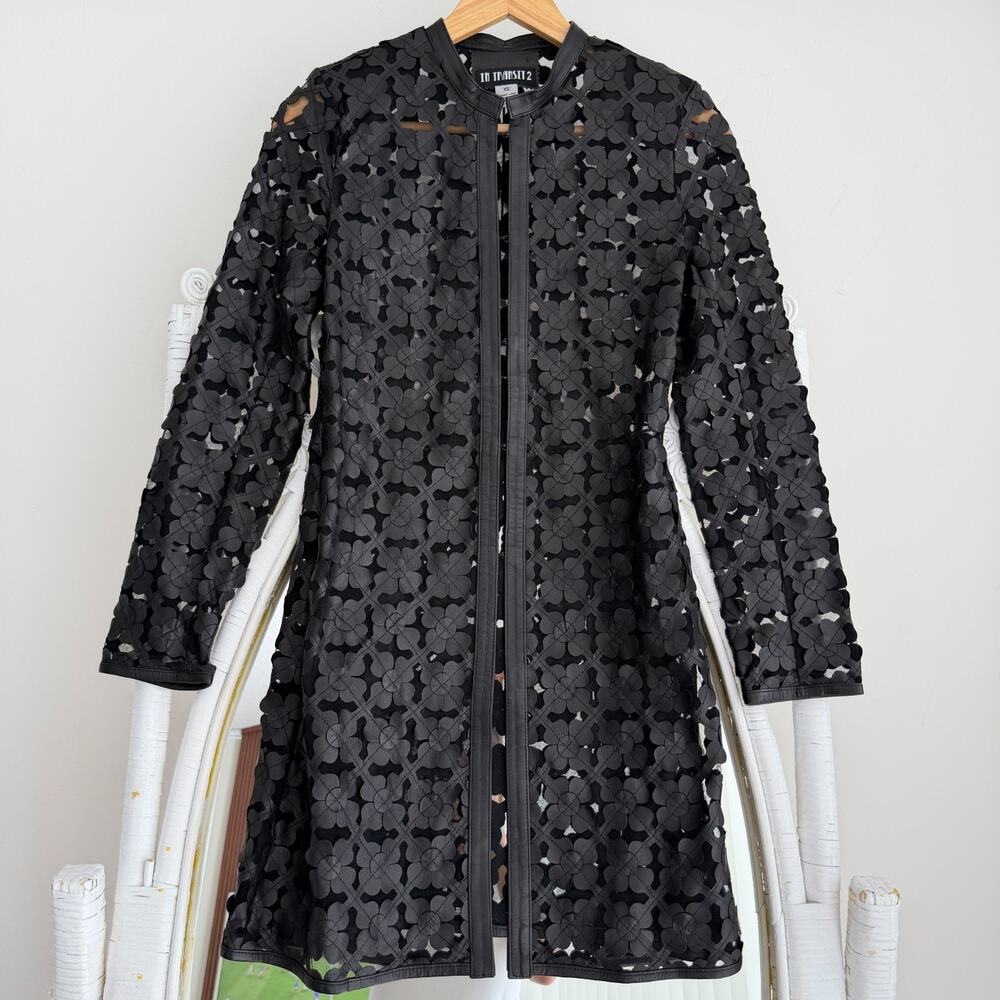 Lamb Leather Cut Out Duster Jacket Womens XS Black Mesh Floral Whimsigoth Art - Picture 2 of 12